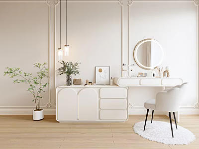White Vanity With Circular Mirror Drawers Chair And Pendant Lights On Paneled Walls 3d model