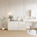 White Vanity With Circular Mirror Drawers Chair And Pendant Lights On Paneled Walls