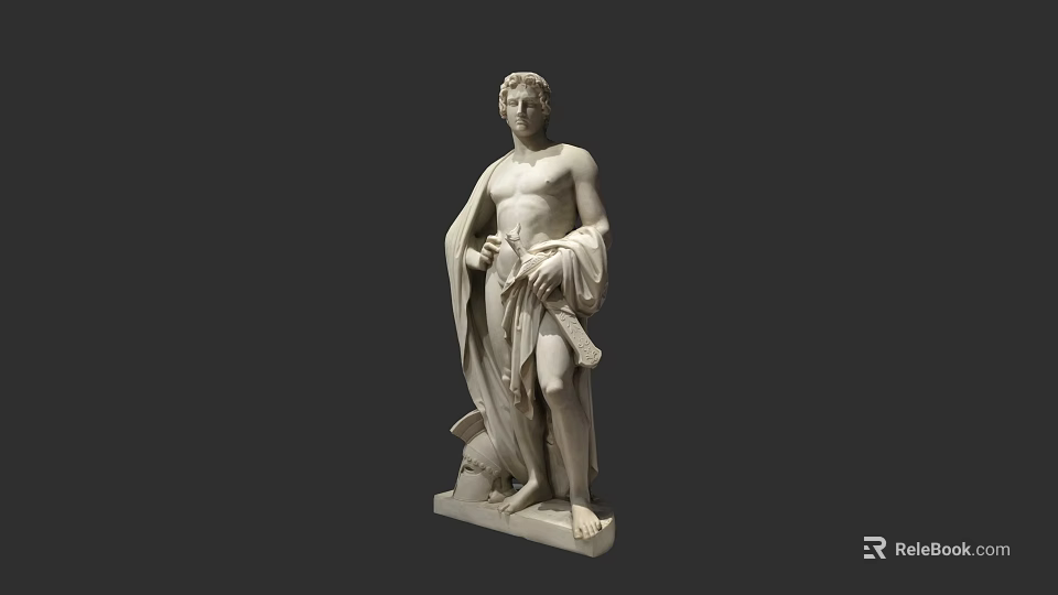 Game Movie Character White Statue Shirtless Male With Flowing Cloak Standing On Decorated Base 3d model 
