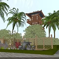 Japanese Style Tower In Garden Landscape With Palm Trees Wooden Fence And Greenery