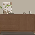 Wooden Entryway Console Side Cabinet with Drawers Doors Wall Art and Potted Plant Decor