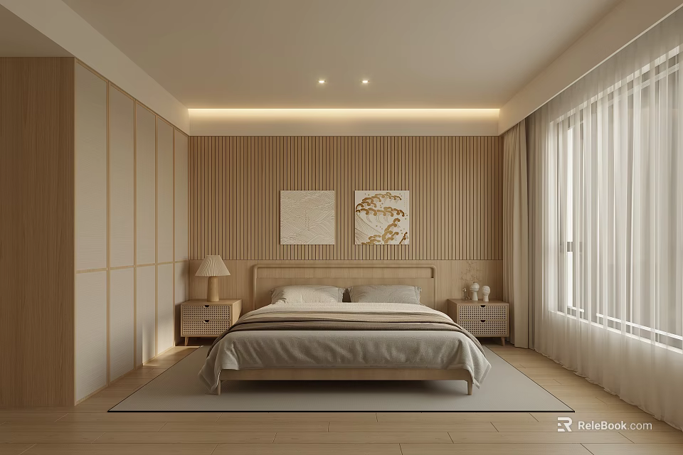 Minimalist Modern Bedroom Interior With Wooden Wall Decorative Paintings Nightstands Table Lamp And Curtains 3d model 