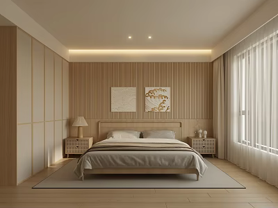 Minimalist Modern Bedroom Interior With Wooden Wall Decorative Paintings Nightstands Table Lamp And Curtains 3d model
