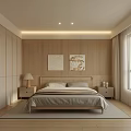 Minimalist Modern Bedroom Interior With Wooden Wall Decorative Paintings Nightstands Table Lamp And Curtains
