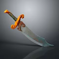 Vintage Medieval Decorative Sword With Orange Curved Handle And Detailed Metal Blade