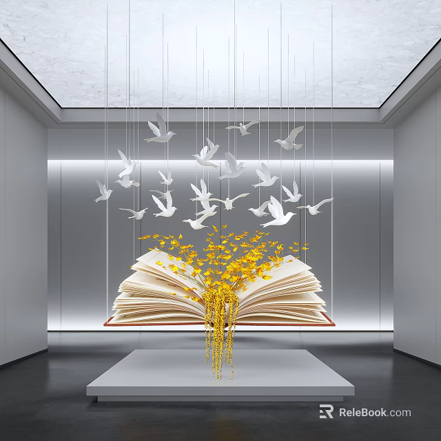 Interior Open Book Art Installation Featuring Yellow Decorations And Hanging White Birds 3d model 