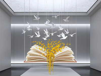 Interior Open Book Art Installation Featuring Yellow Decorations And Hanging White Birds 3d model