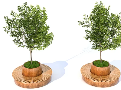 Two Green Trees in Circular Wooden Planters with Grass and Natural Garden Design 3d model