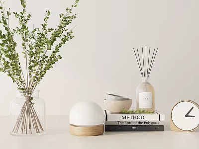 Modern Desktop Decorative Ornament Set With Aromatherapy Bottle Green Plant Books And Clock 3d model