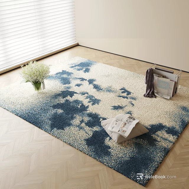 Elegant Square Carpet With Blue White Abstract Pattern And Decorative Vase Flowers Magazine 3d model 