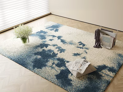 Elegant Square Carpet With Blue White Abstract Pattern And Decorative Vase Flowers Magazine 3d model