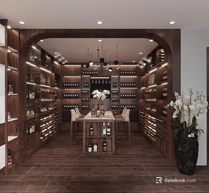 Luxury Wooden Liquor Store Interior With Full Wine Collection Display And Comfortable Tasting Area 3d model 