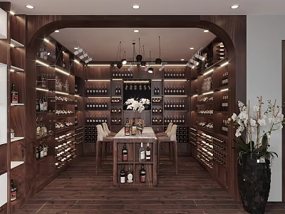 Luxury Wooden Liquor Store Interior With Full Wine Collection Display And Comfortable Tasting Area 3d model