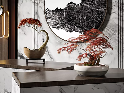 Decorative Bonsai Plants With Red Leaves On Marble Table And Wall Art 3d model