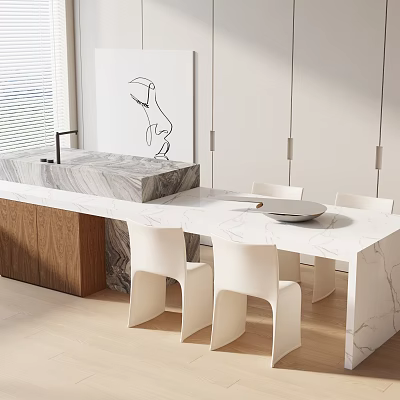 Modern Dining Table Set With Marble Top White Chairs And Wooden Side Cabinet 3d model