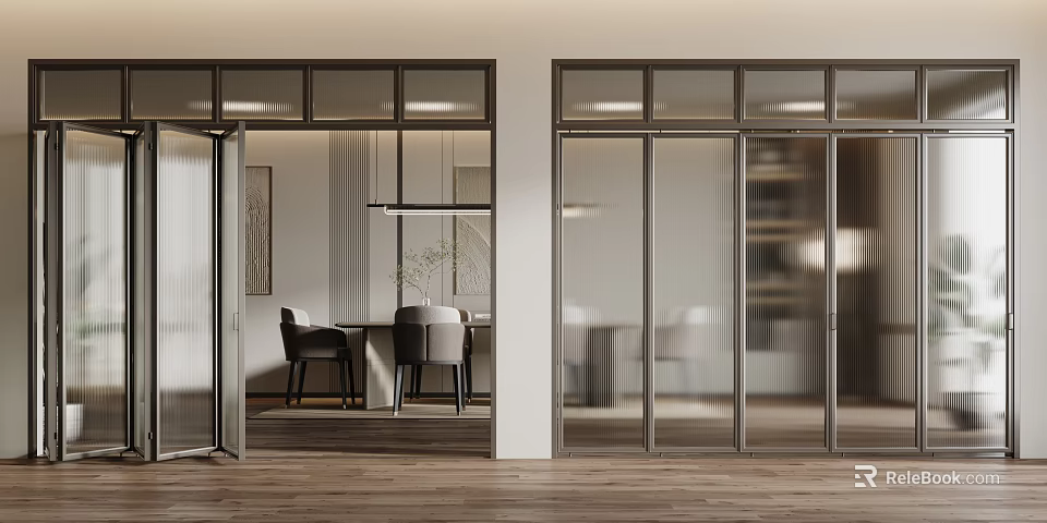 Modern Glass Sliding Doors Connecting Living And Dining Areas With Wooden Floors And Minimalist Design 3d model 