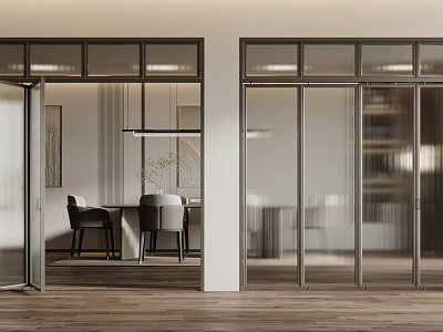 Modern Glass Sliding Doors Connecting Living And Dining Areas With Wooden Floors And Minimalist Design 3d model