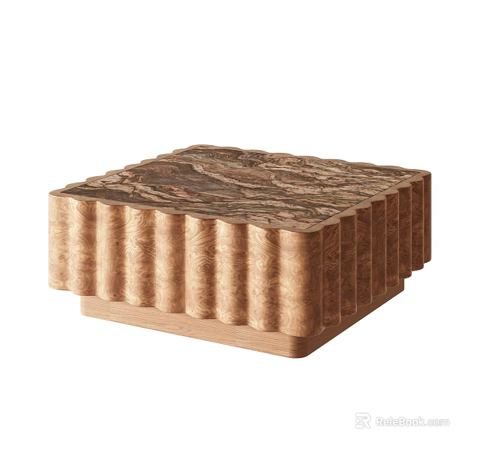 Luxury Square Burl Wood Coffee Table With Natural Marble Top And Fluted Side Design 3d model 