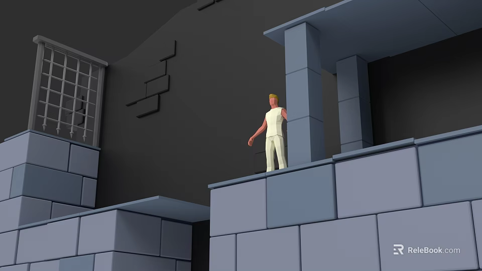 Game Movie Character Standing on Gray Block High Platform With Dark Wall and Geometric Decorations 3d model 