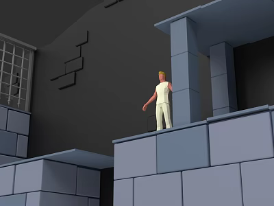 Game Movie Character Standing on Gray Block High Platform With Dark Wall and Geometric Decorations 3d model