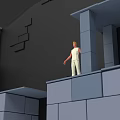 Game Movie Character Standing on Gray Block High Platform With Dark Wall and Geometric Decorations