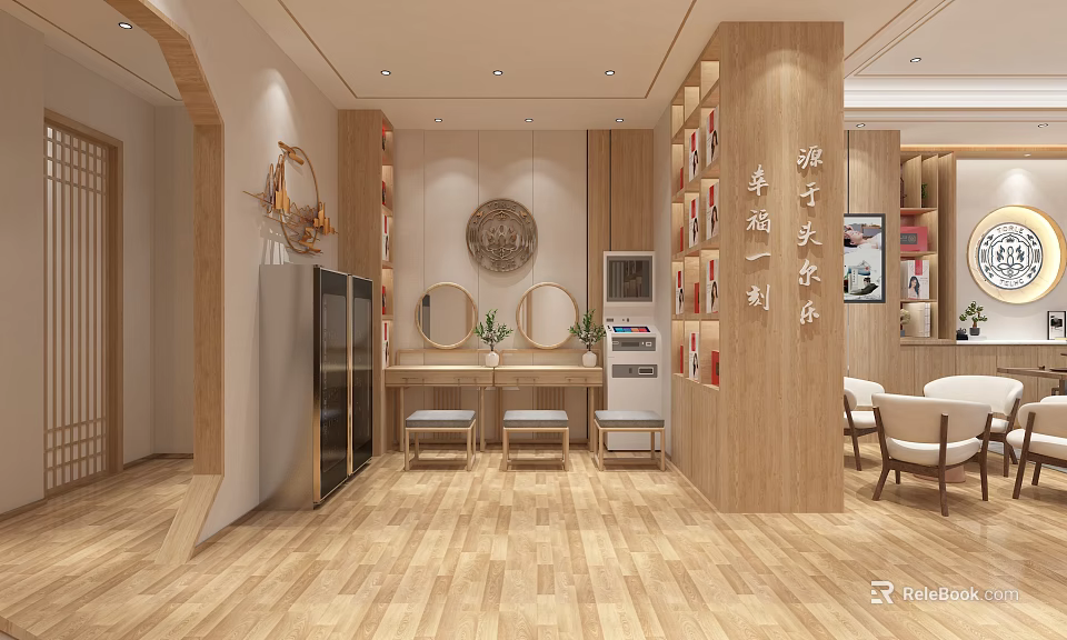 Bright Modern Beauty Hair Salon Interior With Wooden Decor Mirrors And Comfortable Seats 3d model 