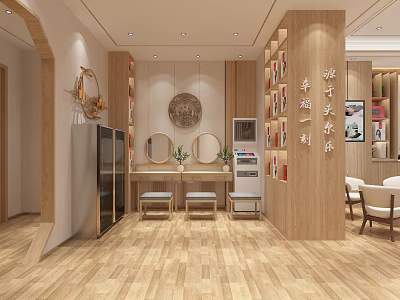 Bright Modern Beauty Hair Salon Interior With Wooden Decor Mirrors And Comfortable Seats 3d model