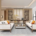 Modern Office Interior With Beige Sofas Throw Pillows Coffee Table Bookshelves And Desk 3d model