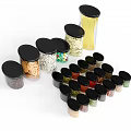 Transparent Glass Jars with Black Lids Holding Various Food Ingredients