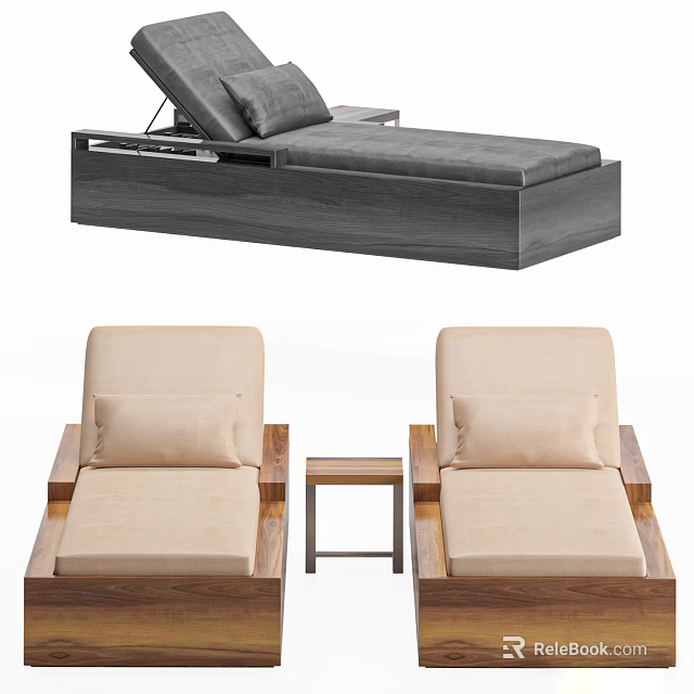 Two Comfortable Beige Loungers With Wooden Frame And Small Side Table 3d model 