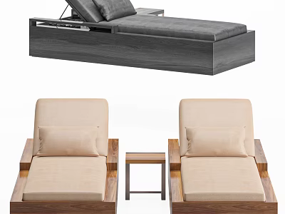 Two Comfortable Beige Loungers With Wooden Frame And Small Side Table 3d model