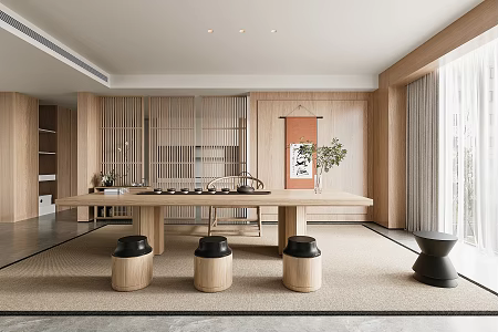 New Chinese Style Tea Room Tea Table and Chair Combination Low Stool Tea Set Hanging Picture 3d model