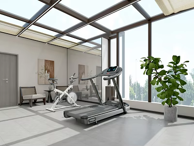 Bright Home Gym Interior With Glass Ceiling Treadmill Exercise Bike Large Windows And Green Plant 3d model