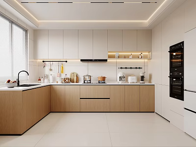 Modern Kitchen Interior Design With White And Wooden Cabinets Countertop Oven And Lighting 3d model