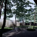 Modern Garden Landscape View Through Glass Windows With Trees Green Grass And Wooden Floor