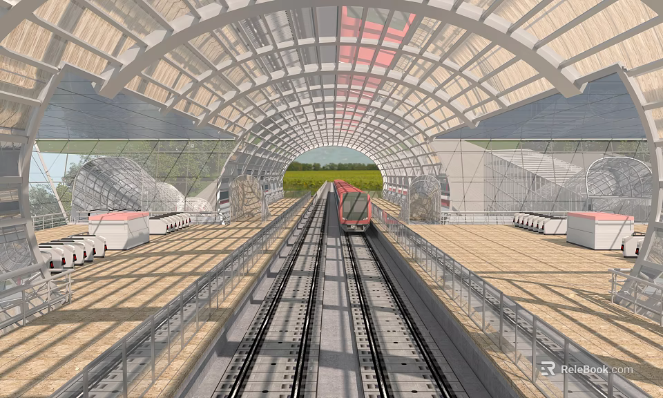 Modern Railway Station With Arched Glass Roof Red Train And Rail Tracks 3d model 