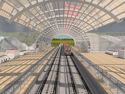 Modern Railway Station With Arched Glass Roof Red Train And Rail Tracks 3d model