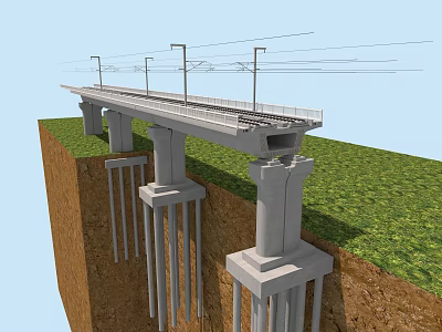 Railway Bridge Structure With Concrete Piers Electric Poles Wires Over Green Grass 3d model