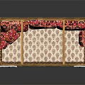 Ornate Golden Carved Double Bed With White Canopy And Colorful Patterned Cushions