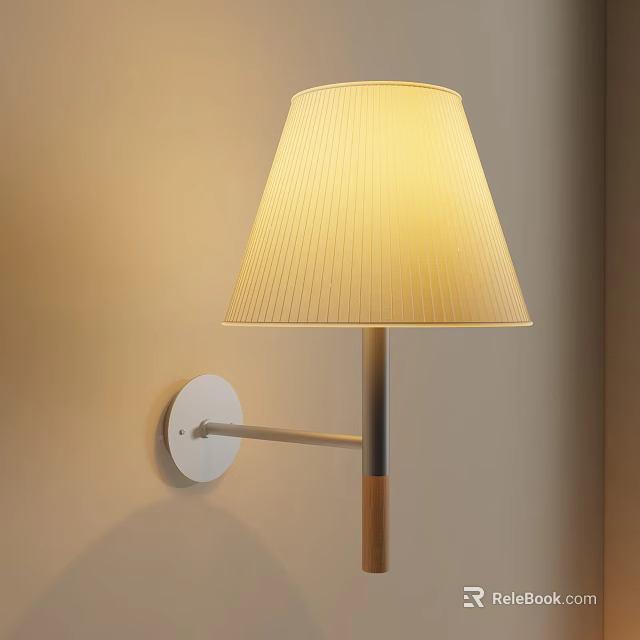 Modern Wall Lamp with Pleated Beige Lampshade White Circular Base and Wooden Accent 3d model 