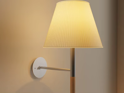 Modern Wall Lamp with Pleated Beige Lampshade White Circular Base and Wooden Accent 3d model