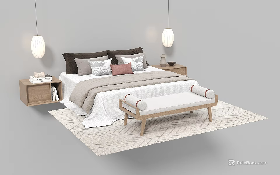 Modern Double Bed Interior With Soft Pillows Bedding Nightstand Lamps And Bench On Rug 3d model 