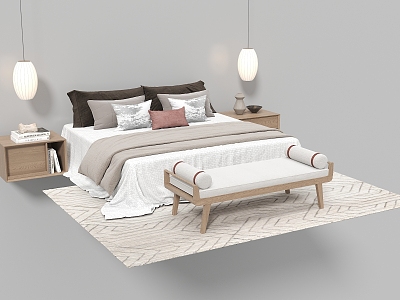 New Chinese Double Bed Fabric Bed Solid Wood Bed 3d model