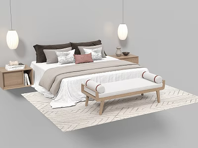 Modern Double Bed Interior With Soft Pillows Bedding Nightstand Lamps And Bench On Rug 3d model