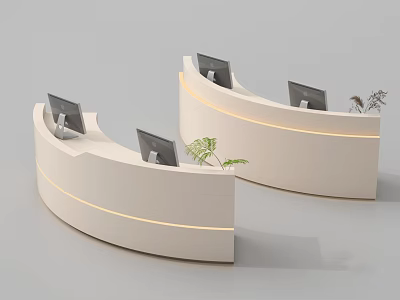 Modern White Curved Reception Desk With Computer Monitors Small Plants And LED Strip Lights 3d model