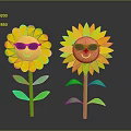 Cute Sunflower Decorative Ornament Set with Yellow Petals Green Stems and Leaves and Sunglasses