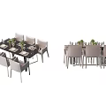 Modern Dining Table Set With Black White Tabletops Light Colored Chairs Tableware And Green Plants 3d model