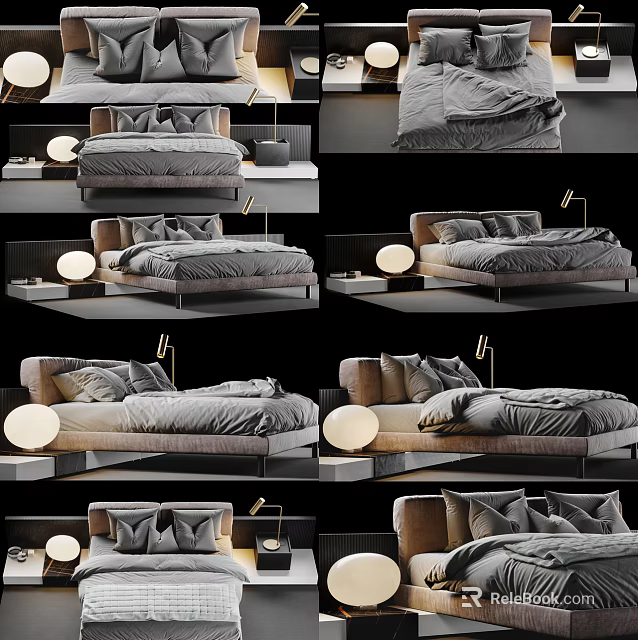 Modern Double Bed Design with Gray Bedding Nightstand and Table Lamp 3d model 