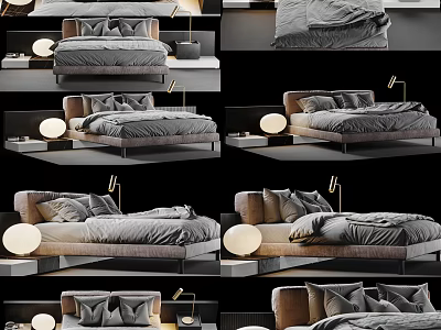 Modern Double Bed Design with Gray Bedding Nightstand and Table Lamp 3d model