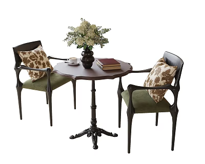 Round Table With Two Cushioned Chairs Vase Flowers Book And Cup 3d model